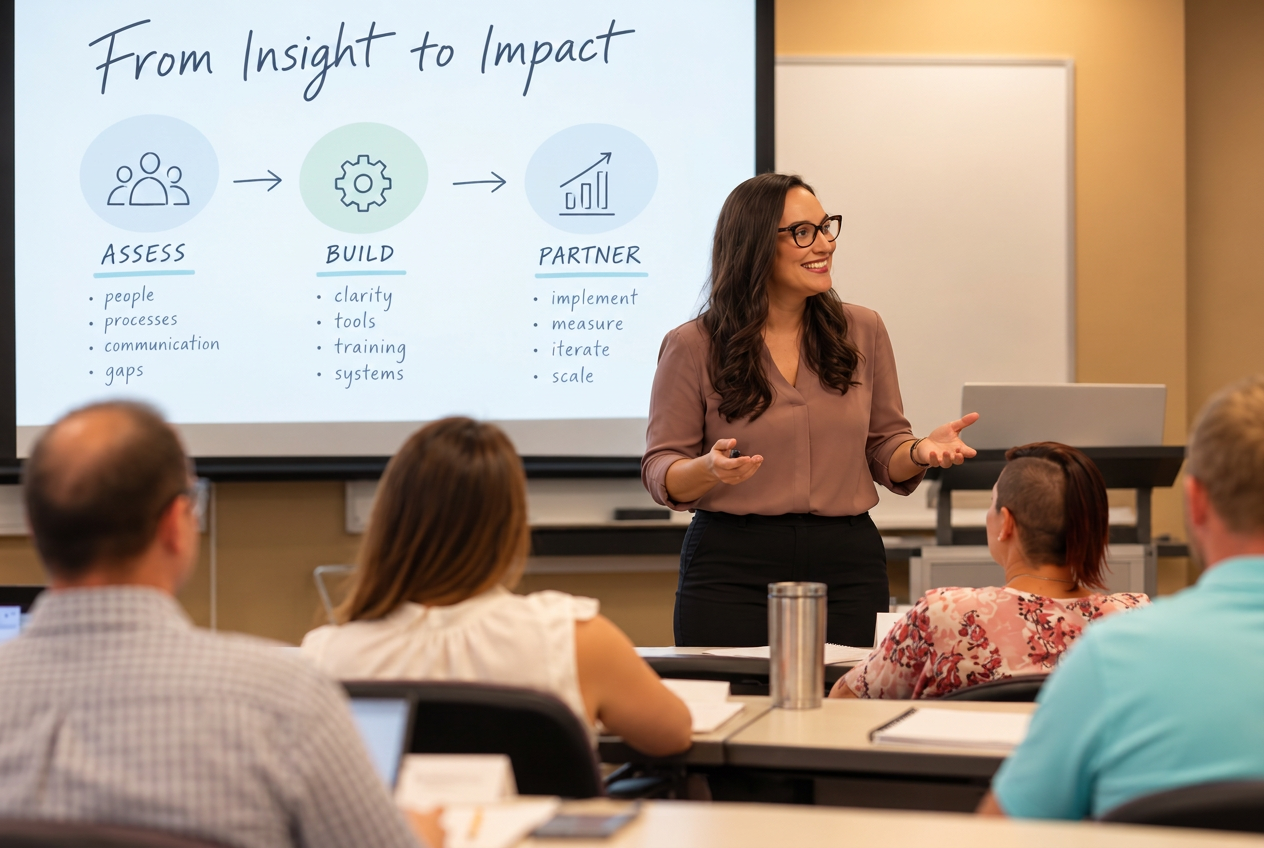 Angela McMillan presenting the From Insight to Impact slide with the Assess, Build, Partner framework to a workshop audience