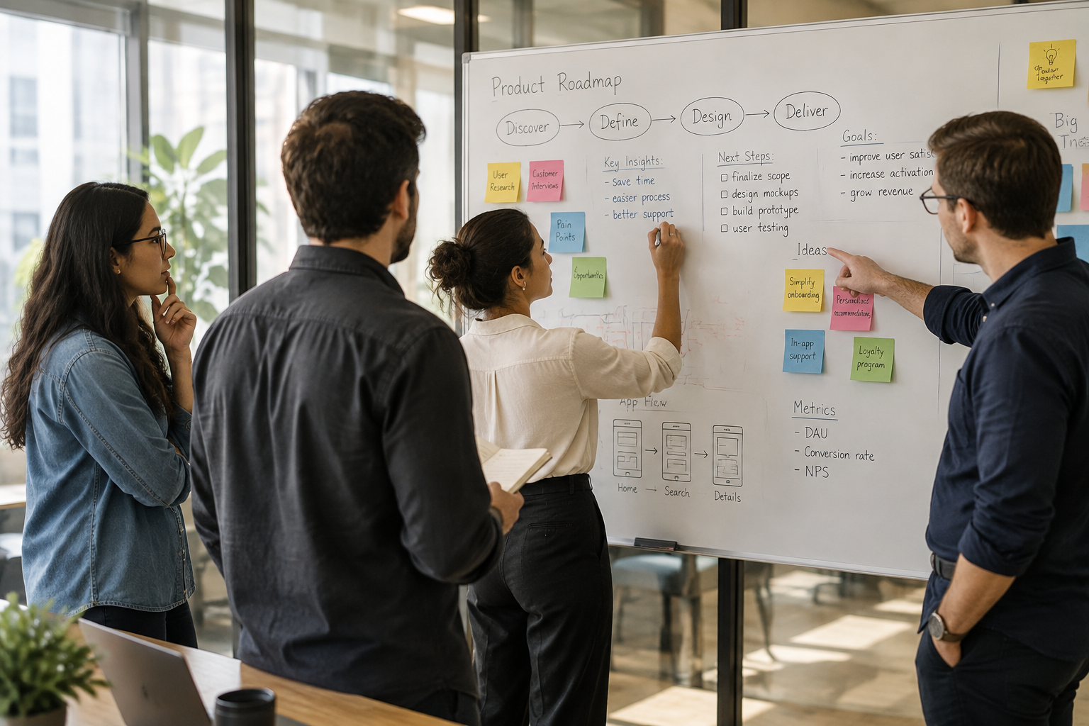 A team collaborating at a whiteboard covered in a product roadmap diagram and colorful sticky notes in a bright modern office